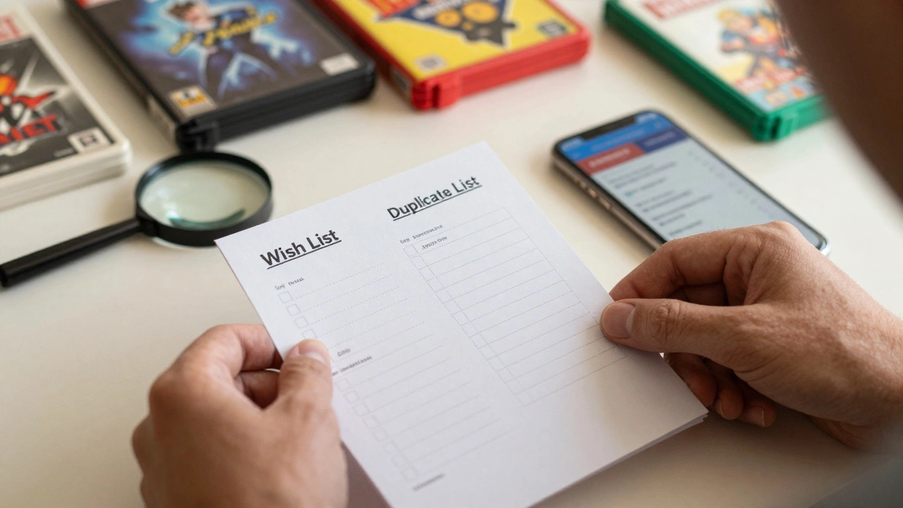Collector's toolkit with wish list, magnifying glass, and phone on a table.