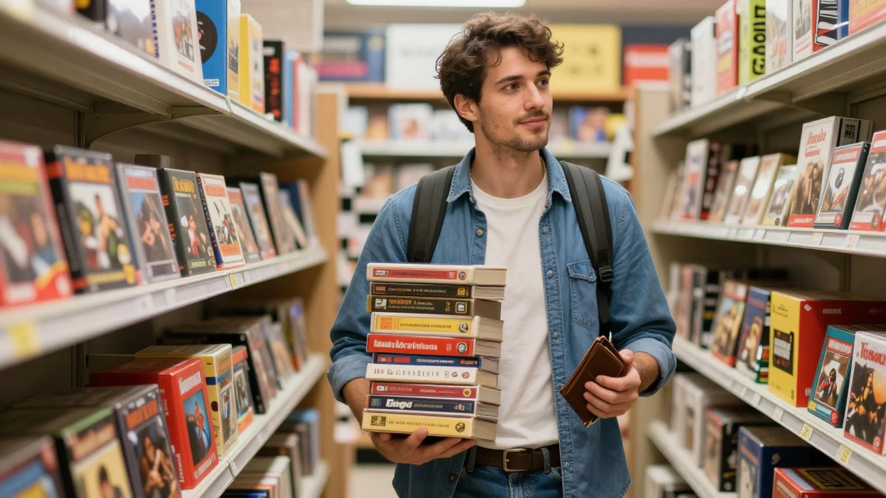 Confident collector leaving a game store with purchased items