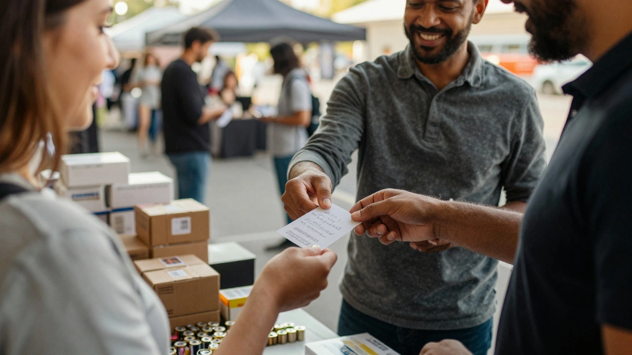 Traders exchanging handwritten contact cards after a successful negotiation.