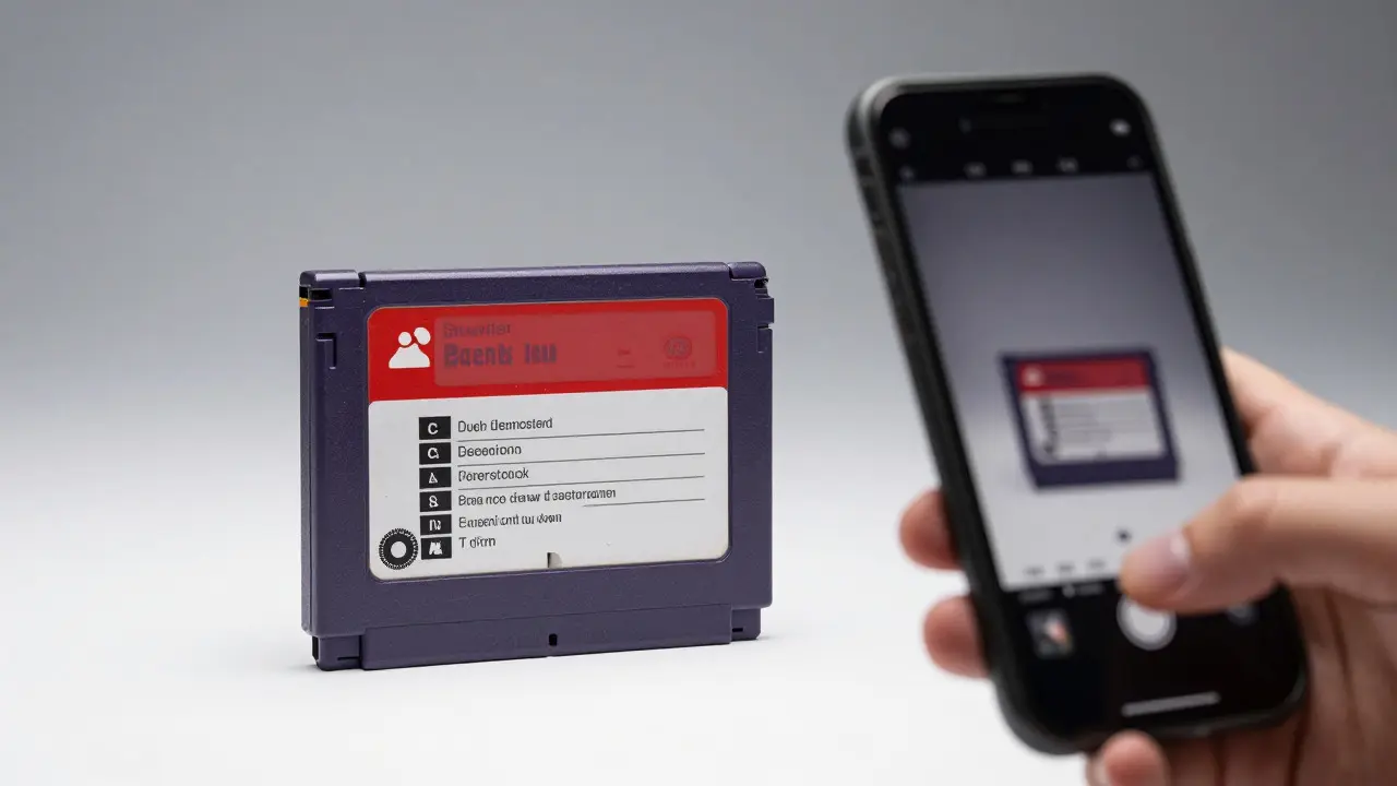 A close-up of a retro game cartridge being photographed by a smartphone on a clean white surface.