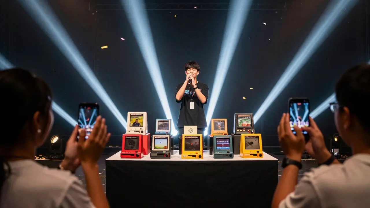 A collector celebrating a win at a table of retro games under spotlights while others applaud