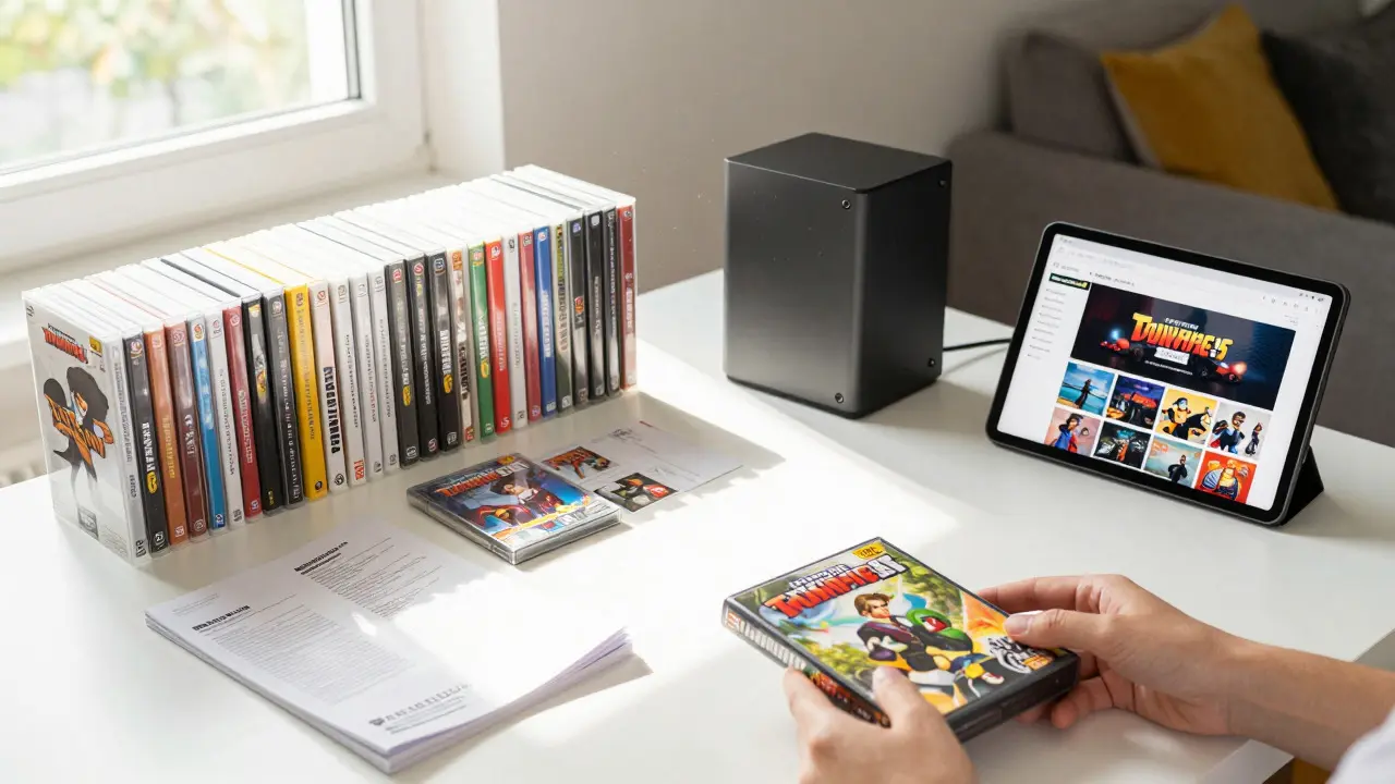 A curated desk setup mixing physical game cases with digital storage devices in sunlight.