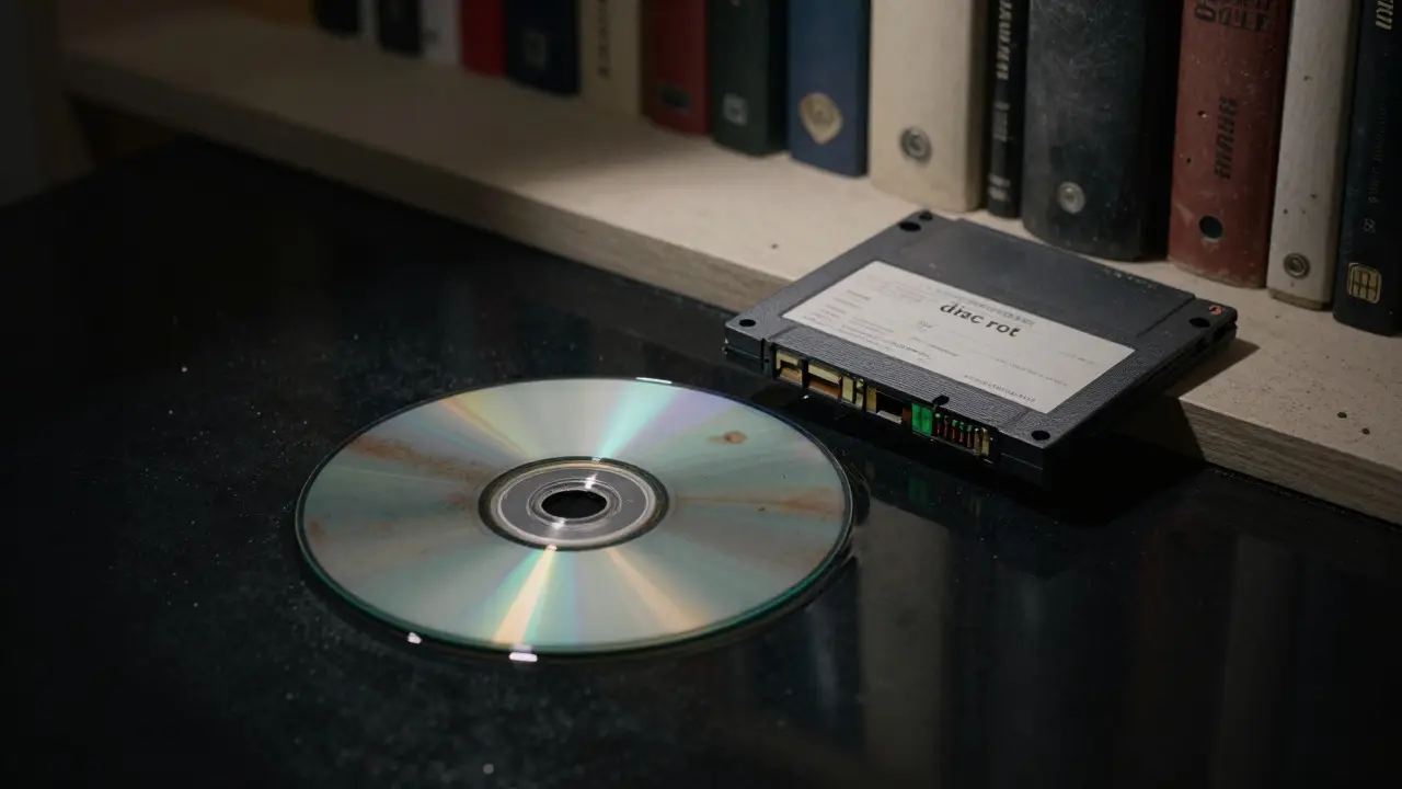 A decaying optical disc and corroded cartridge illustrating physical media degradation risks.