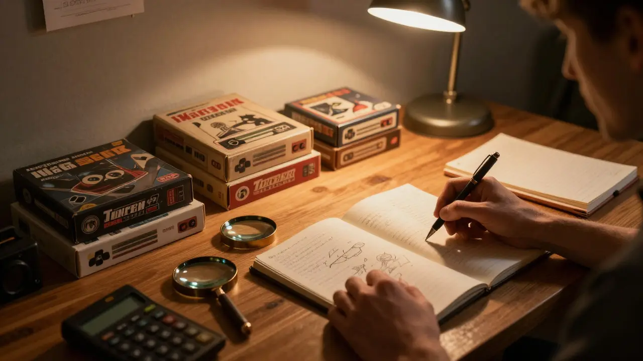A dimly lit desk with notebooks and retro game boxes for research