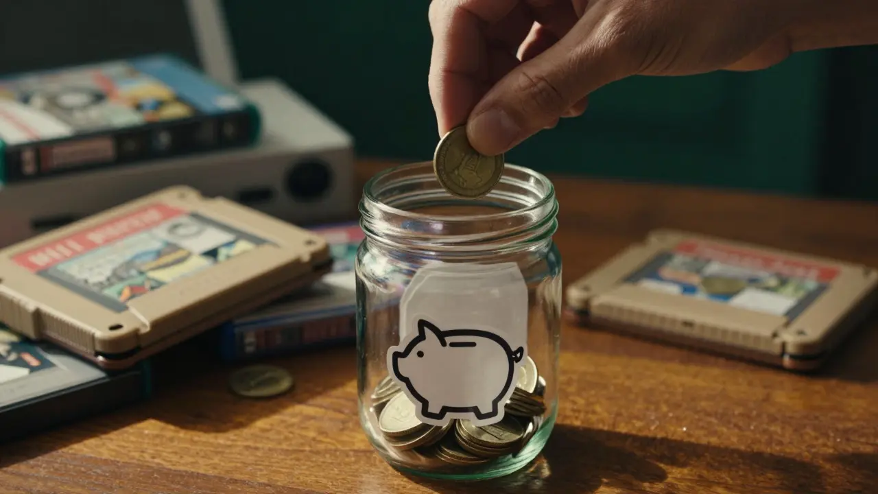 A hand putting a coin into a jar with video games in the background