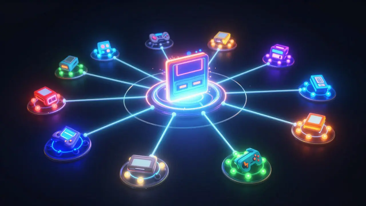 Abstract digital art of a glowing network centered around a game cartridge