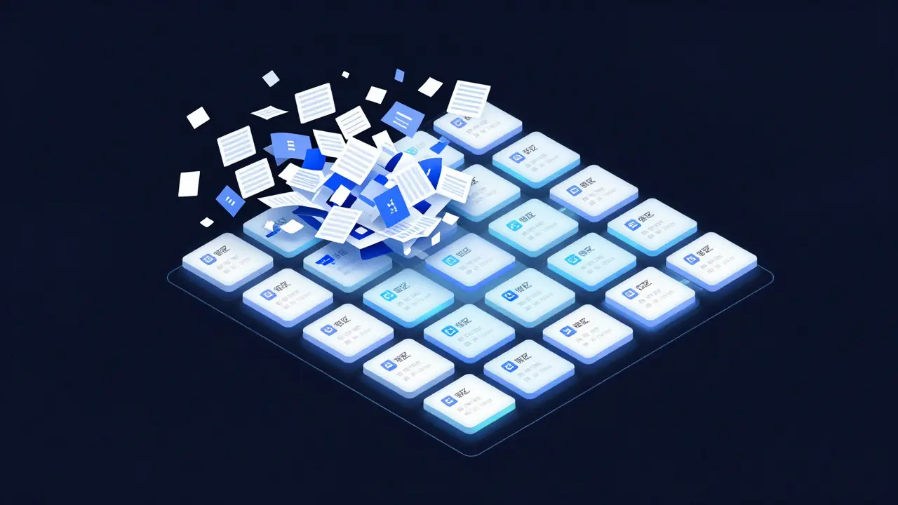 Abstract digital illustration showing messy data transforming into an organized, structured grid system.
