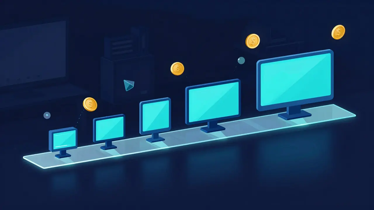 Abstract digital timeline showing monitor evolution and budget planning concepts