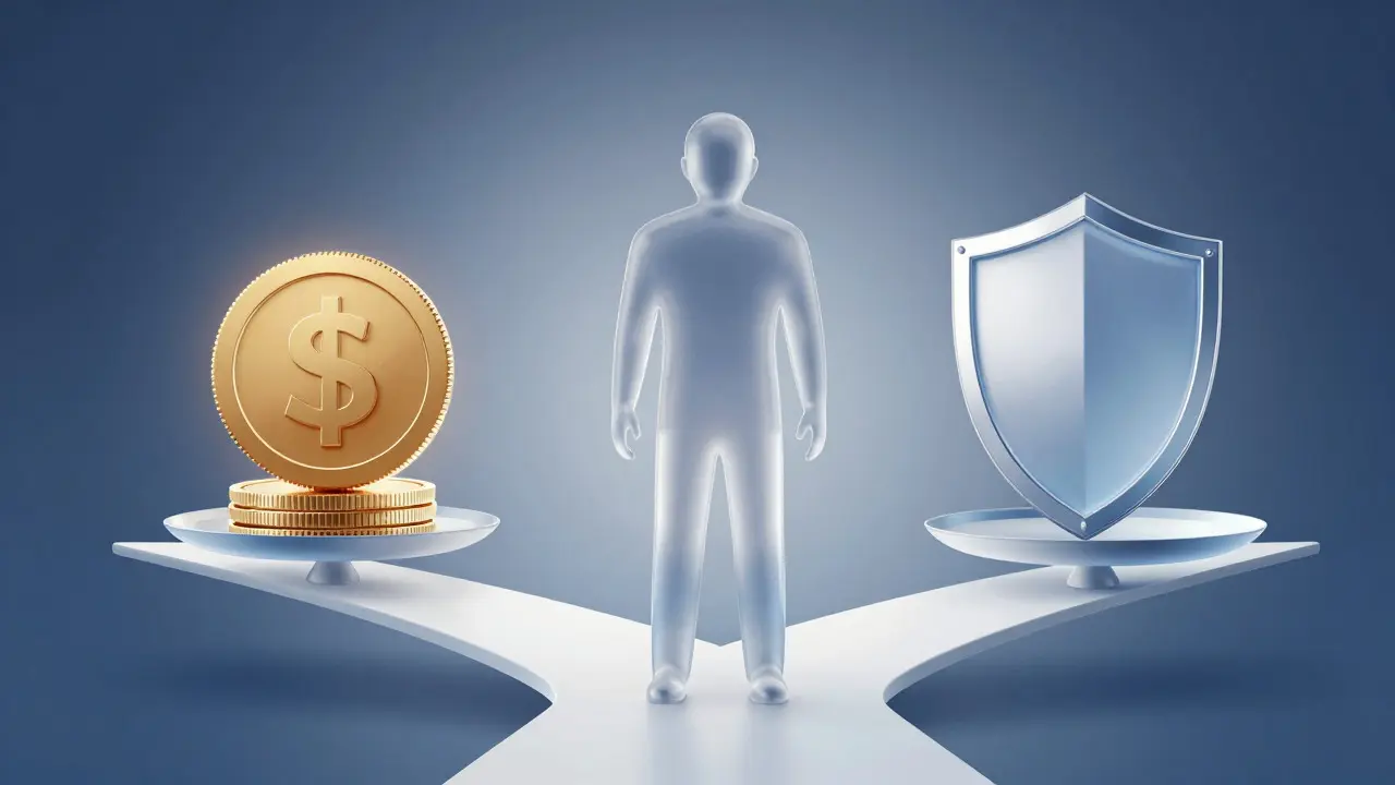 Abstract illustration of a person balancing coins and a shield to represent trust