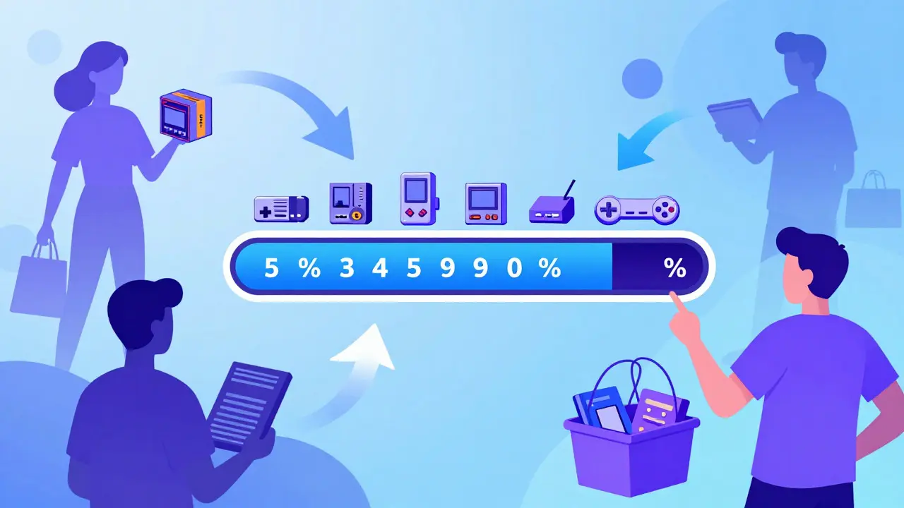 Abstract illustration of a progress bar filled with game console icons surrounded by collector silhouettes