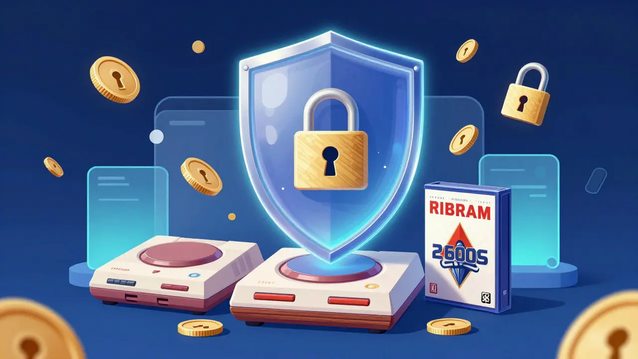Abstract illustration of a protective shield surrounding retro consoles