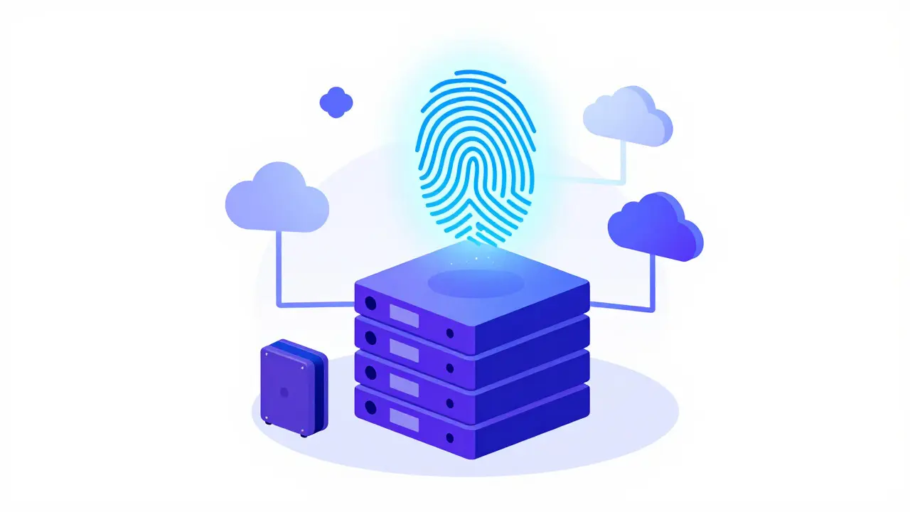 Abstract illustration of data verification connecting physical media to cloud storage