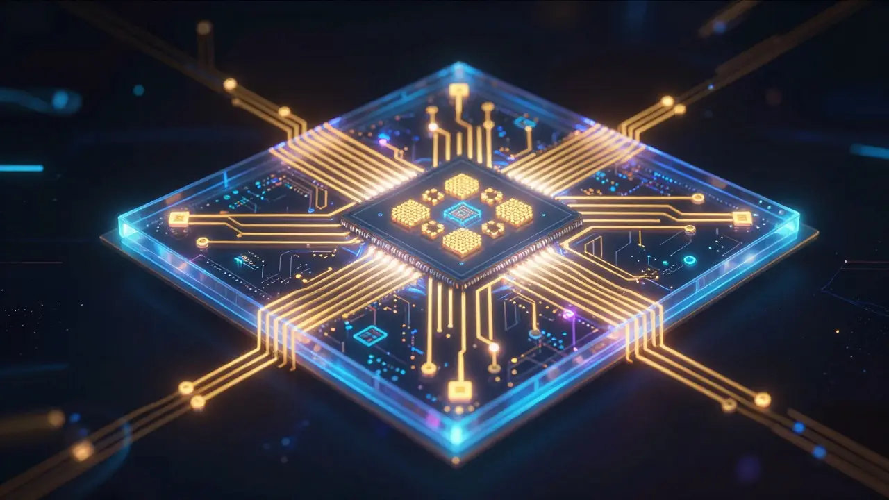 Abstract illustration of glowing FPGA circuits forming pixel art patterns