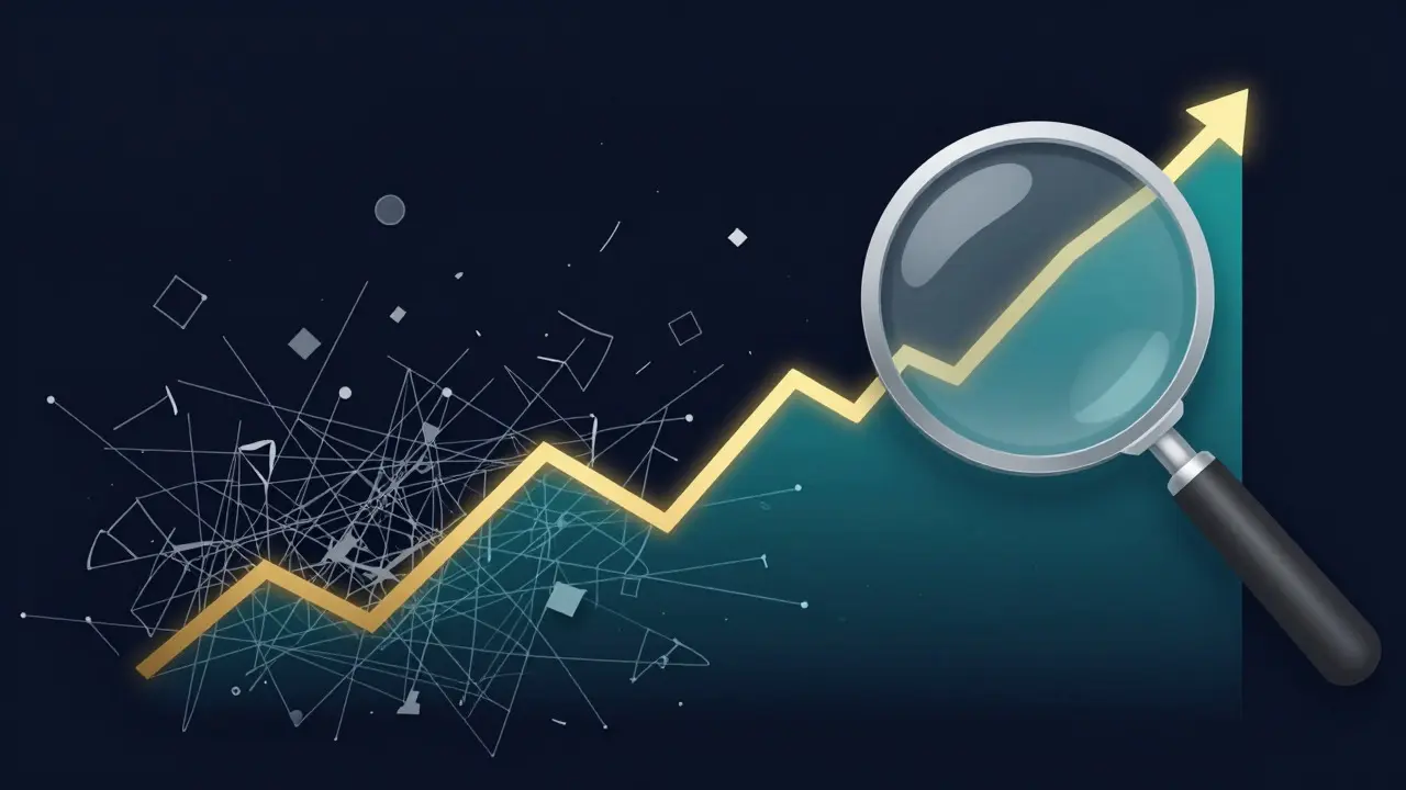 Abstract illustration of messy data transforming into a clean trend line