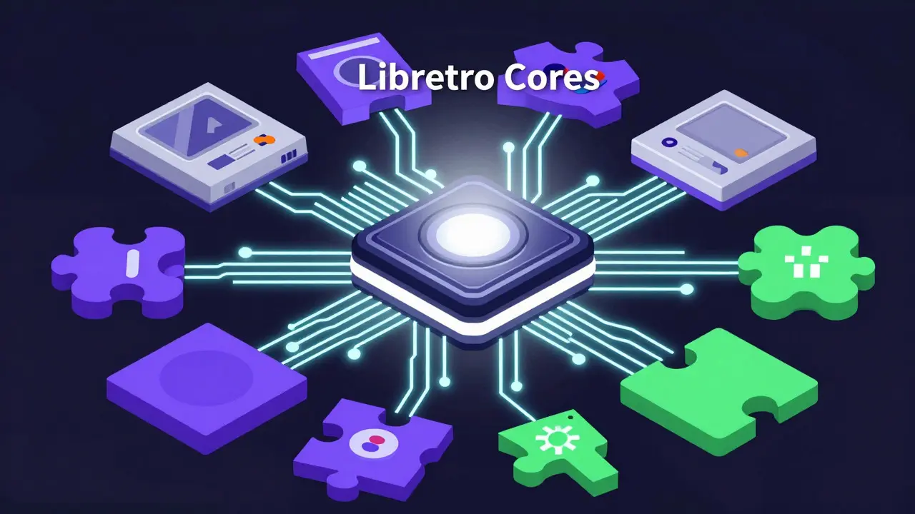 Abstract illustration of modular components connecting to a central emulation hub