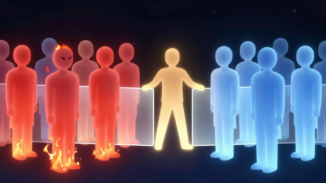 Abstract illustration of two groups separated by a glowing barrier of calm