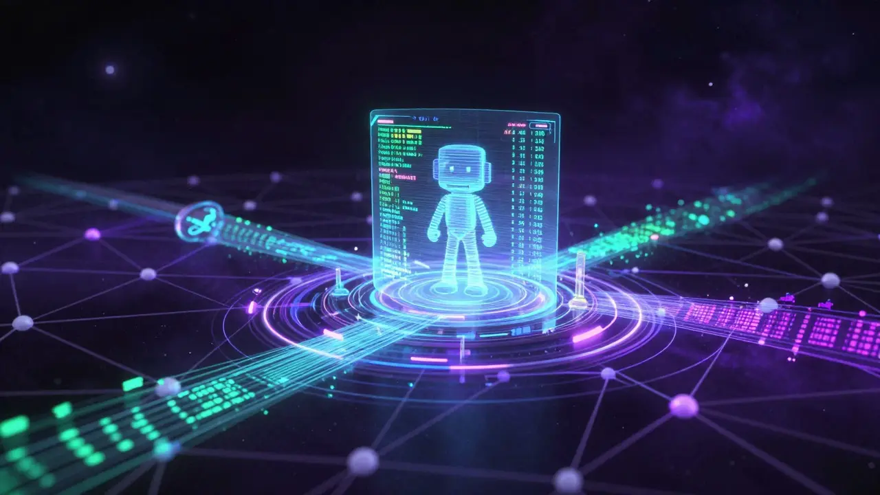 Abstract network diagram protecting a holographic game character