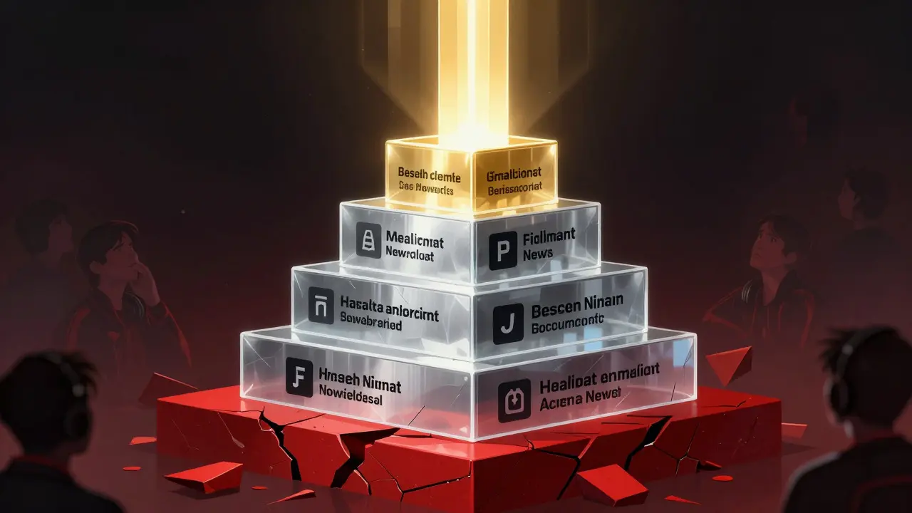 Abstract pyramid illustrating hierarchy of evidence with gold top and fractured red base