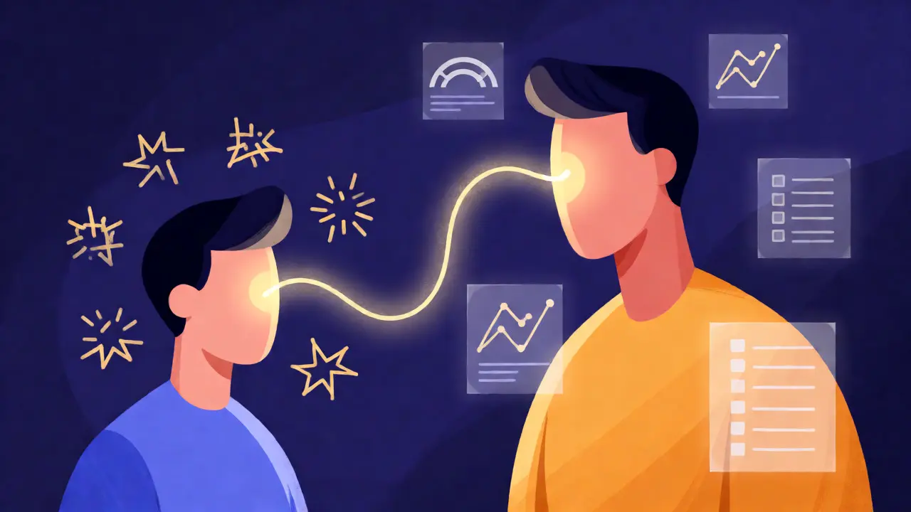 Abstract visualization of knowledge flowing from expert to novice gamer.