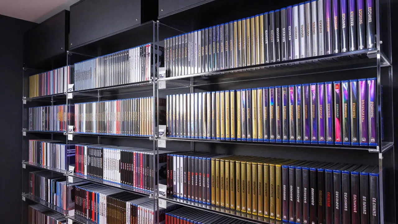 Acrylic display shelf holding metallic steelbook game cases