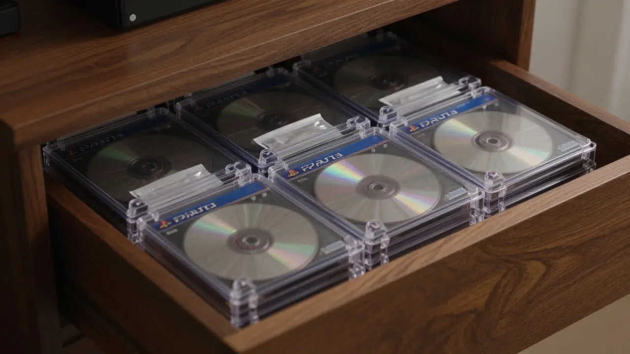 Archival PS1 game cases stored in a drawer with silica gel packets for preservation