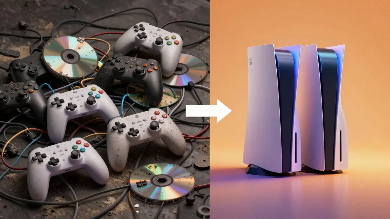 Artistic contrast between a messy pile of gaming gear and a neat, valuable bundle