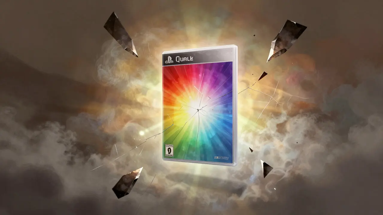 Artistic illustration of a game box surrounded by visual representations of tears, scratches, and fading