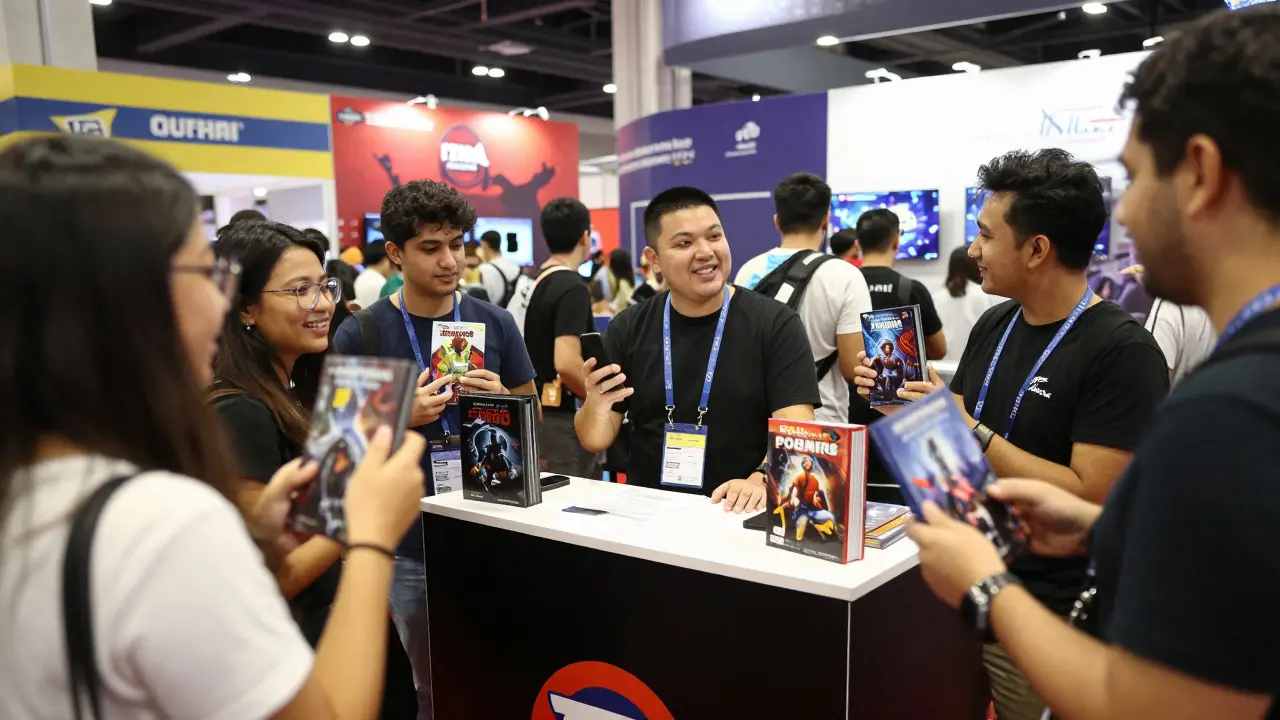 Boutique publisher interacting with fans at a busy gaming convention