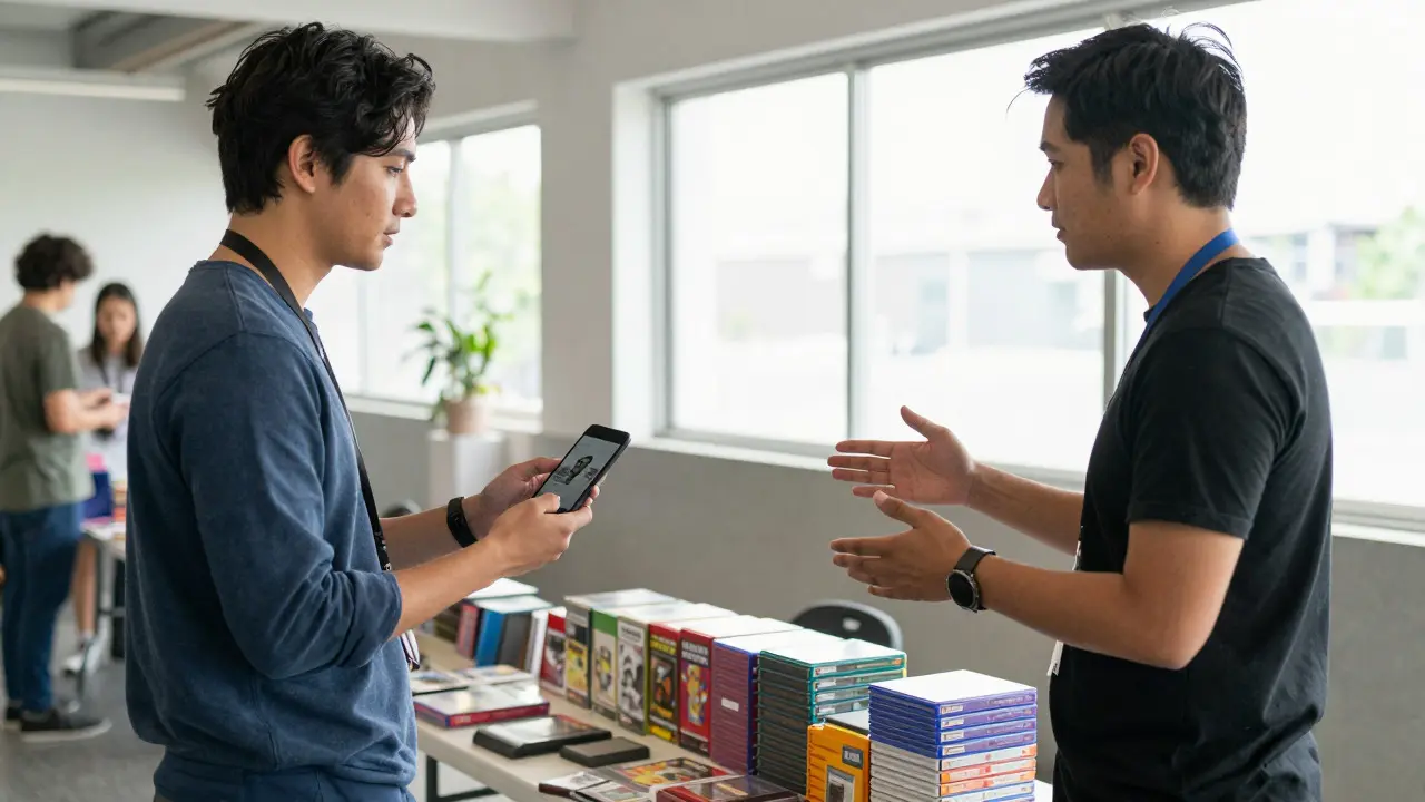 Buyer and seller discussing a game condition issue at a swap meet stall