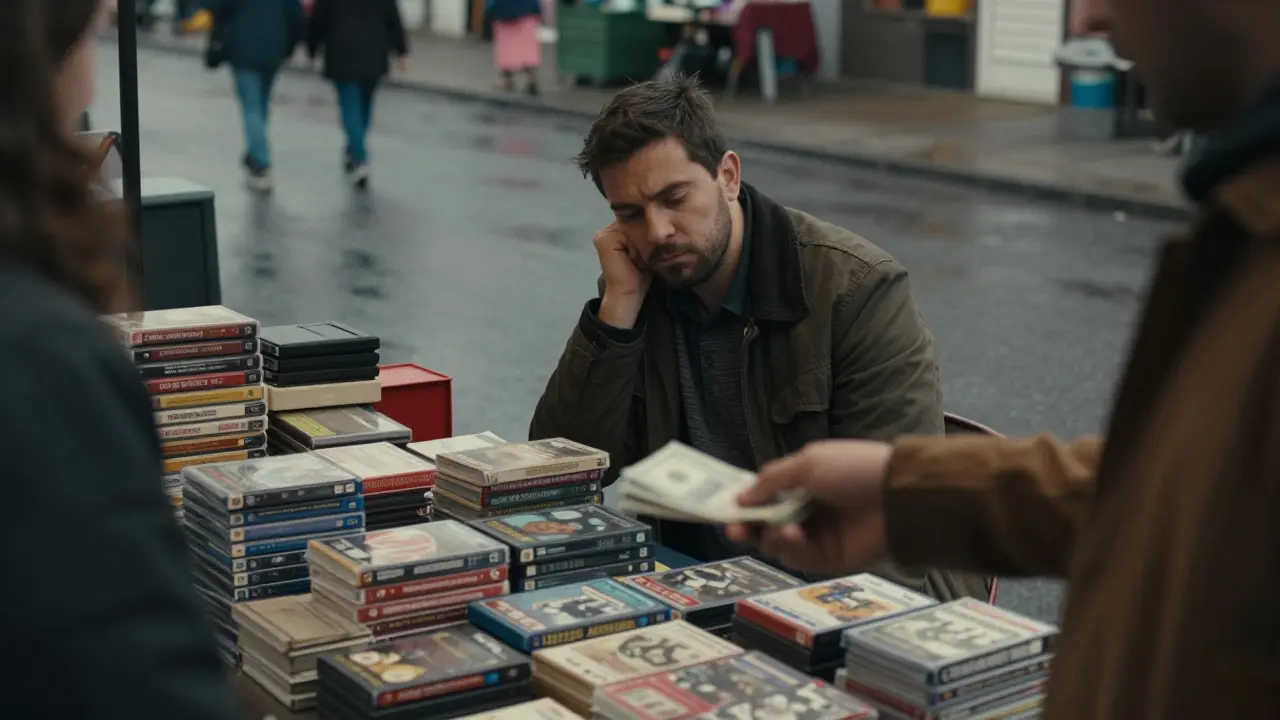 Buyer offering cash to a tired seller at a rainy outdoor flea market stall