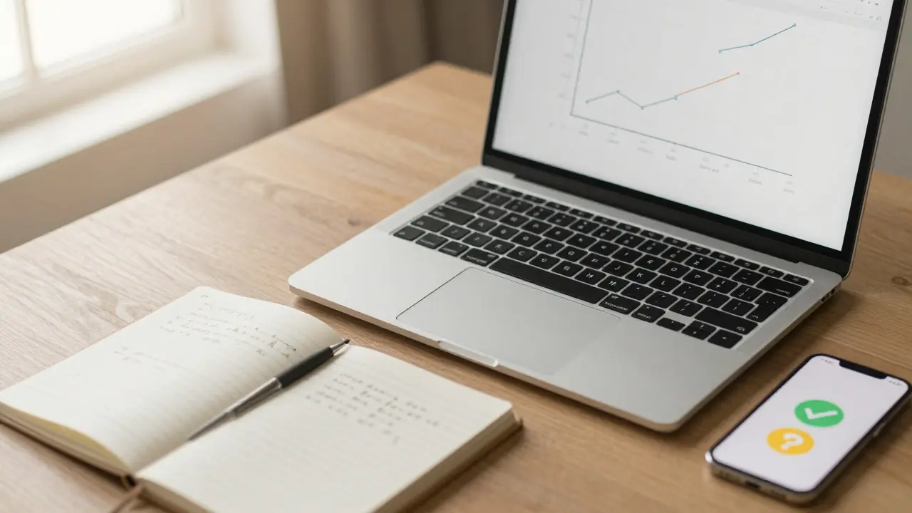Calm desk setup with laptop graph and phone icons showing green check and yellow question mark