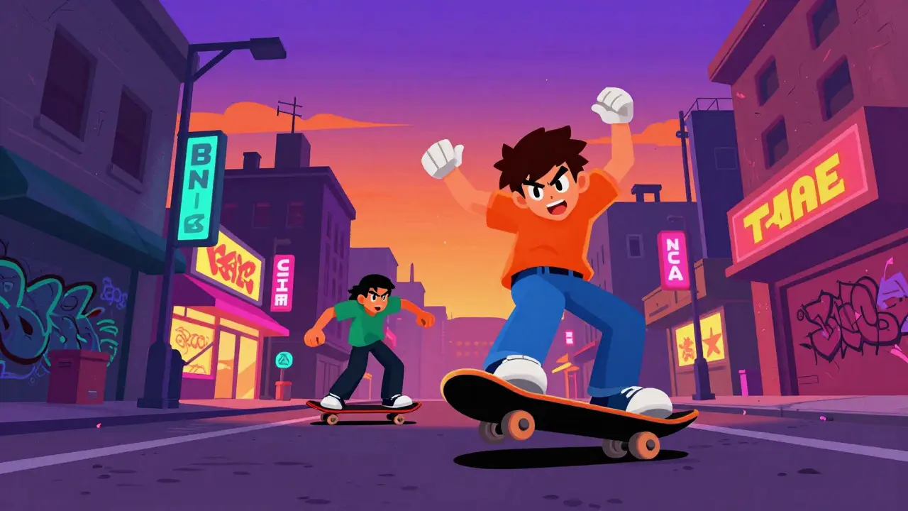 Cel-shaded illustration of characters in a vibrant urban street scene