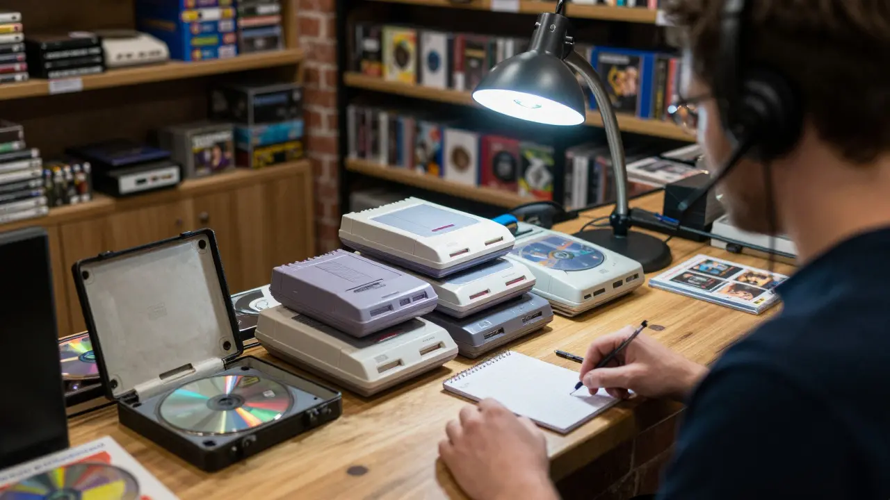 Clerk inspecting used video games under a magnifying lamp at a shop counter