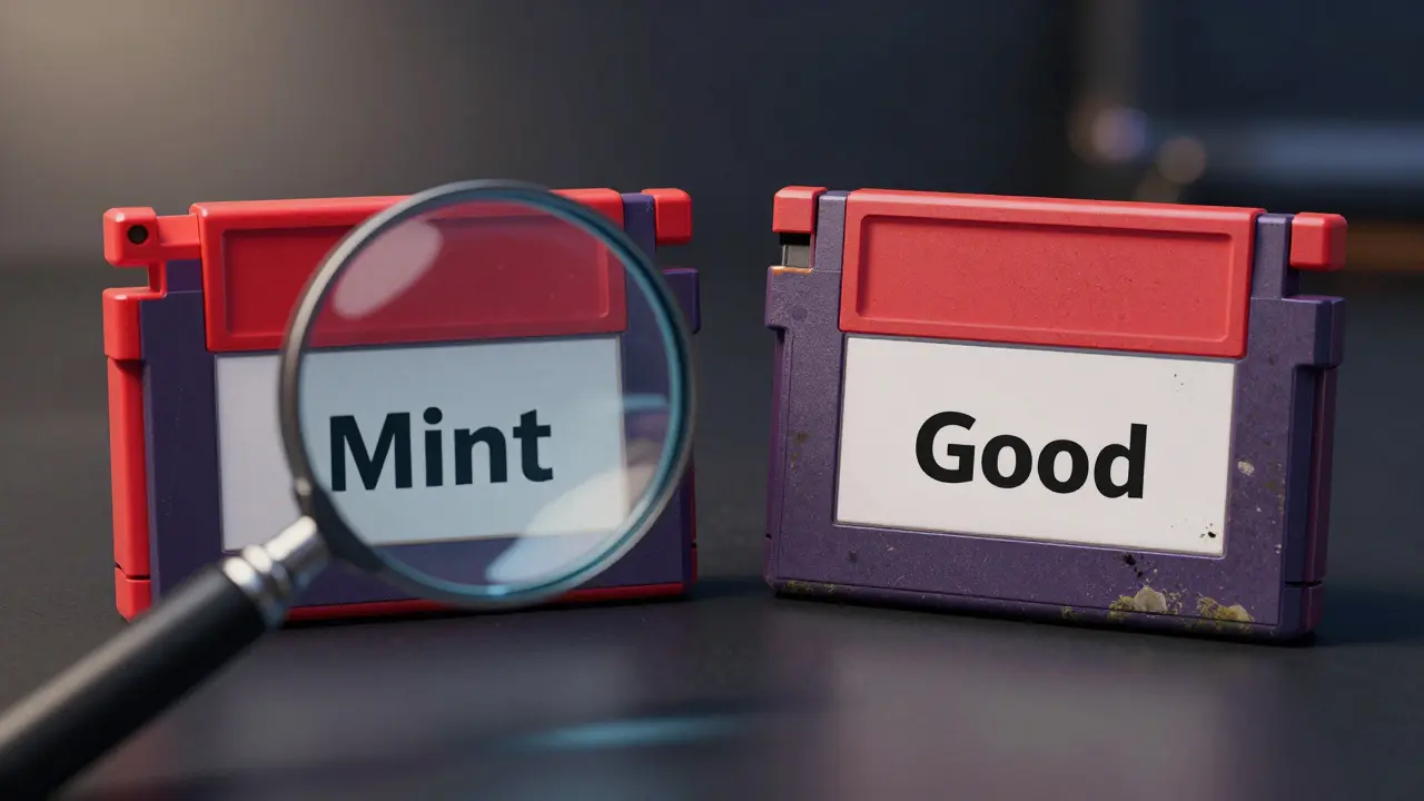 Close-up comparing pristine and worn game cartridges