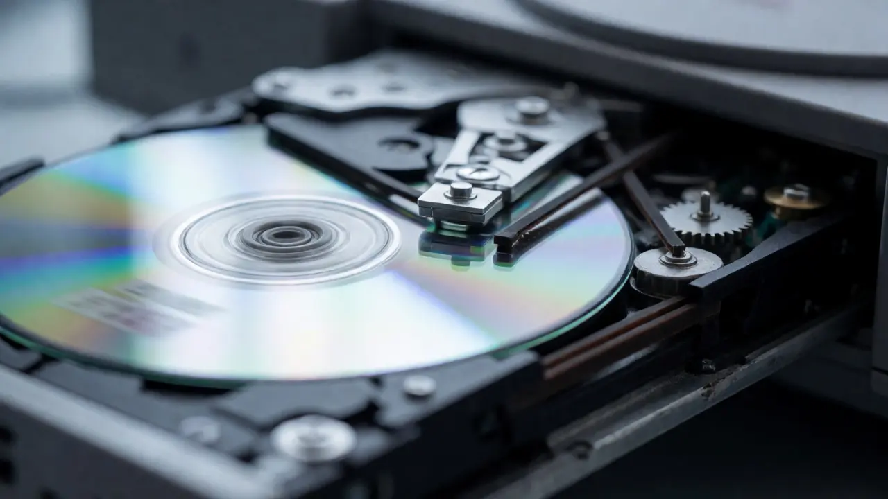Close-up of a PS optical drive with a disc spinning during a read time test