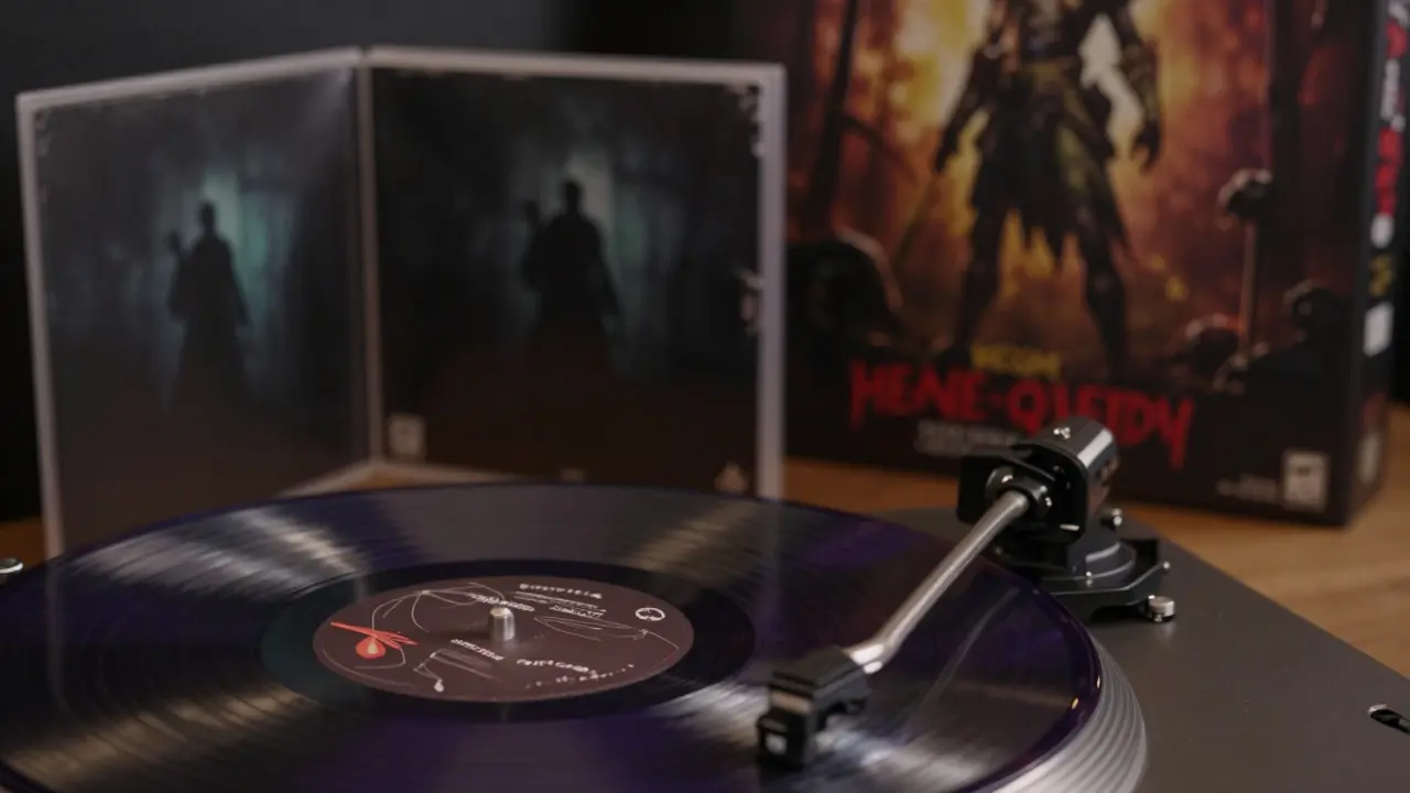 Close-up of a splatter vinyl record, steelbook, and game box sharing a dark gothic theme