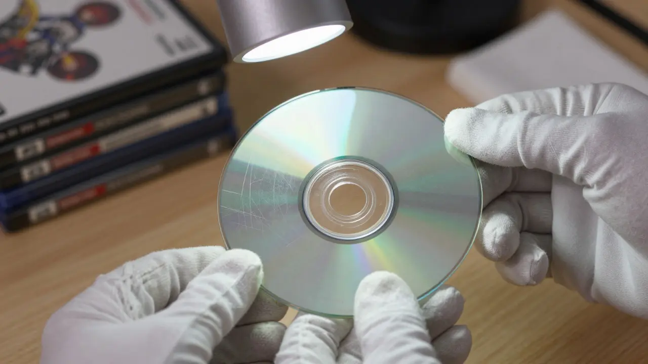 Close-up of hands inspecting a scratched game disc under a bright light