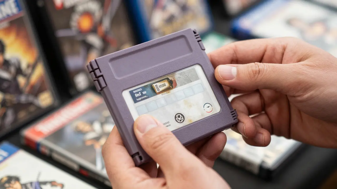 Close-up of hands inspecting a used video game cartridge for wear and authenticity