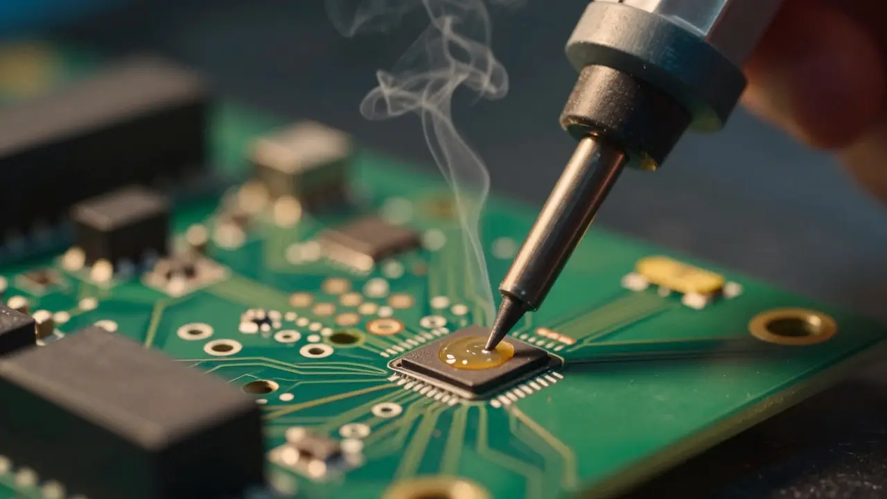 Close-up of soldering iron applying heat to a circuit board component with rising flux vapor