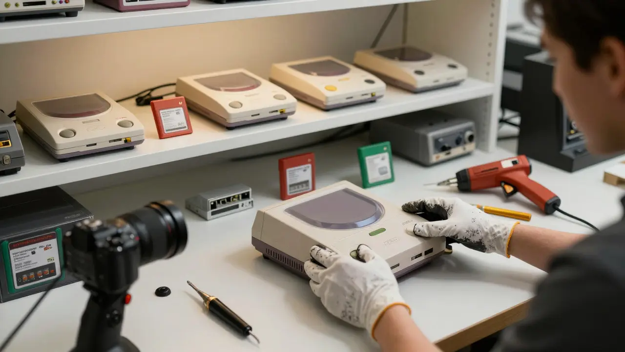 Collector's hands documenting a repaired console in a workshop