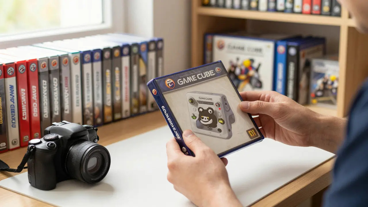 Collector inspecting a GameCube box under natural light in a room full of games
