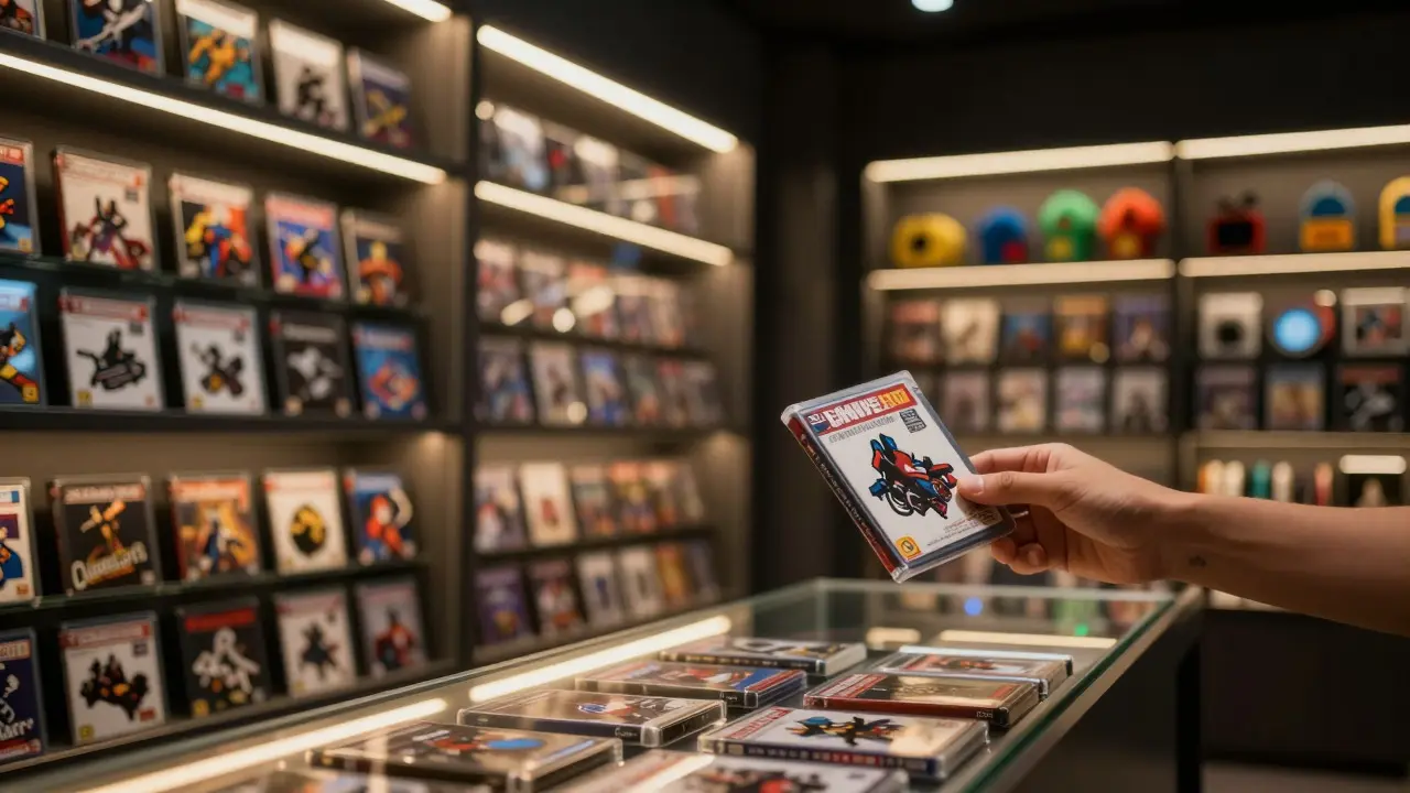 Collector inspecting a graded video game slab in a lit display case