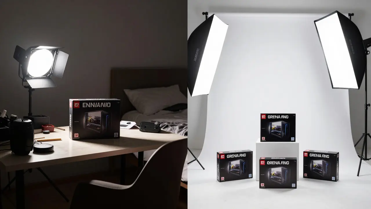 Comparison of messy flash photography versus professional studio lighting for game listings
