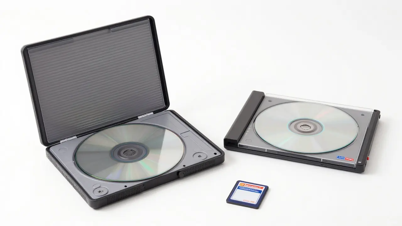 Comparison of single and double-disc GameCube cases with a memory card
