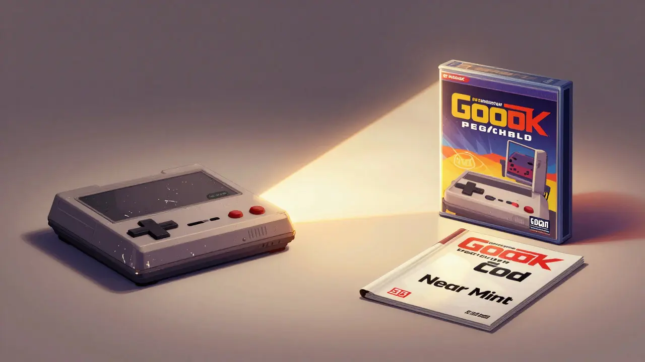 Conceptual art showing the value difference between a dirty game case and a pristine complete set