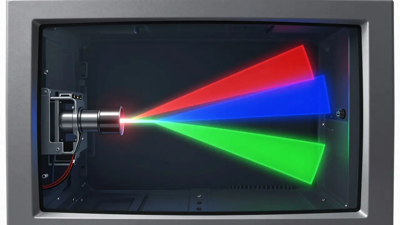 Conceptual art visualization of electron beams hitting the phosphor screen inside a CRT monitor.