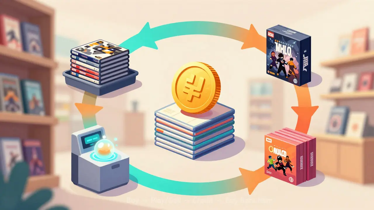 Conceptual illustration of the video game trade-in cycle transforming common titles into capital