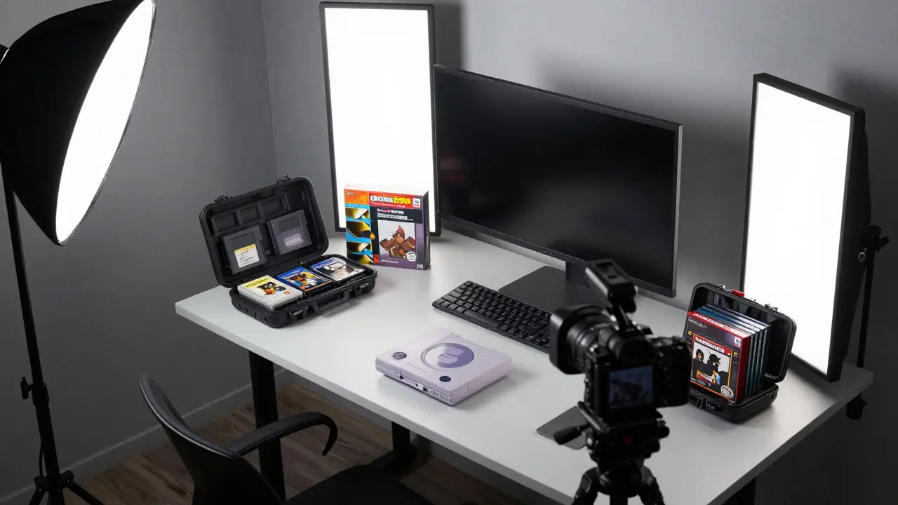 Content creator's studio desk with rare game items arranged for filming