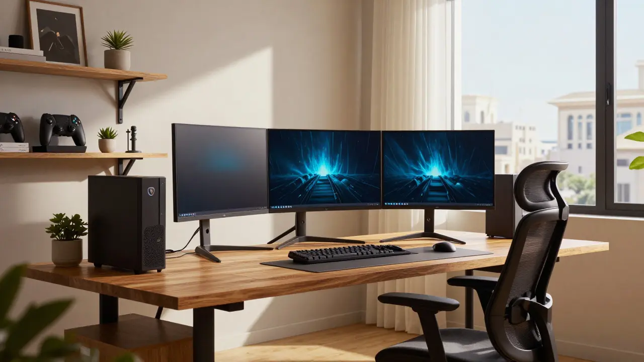 Cozy home office with an ultrawide monitor and ergonomic setup in warm light