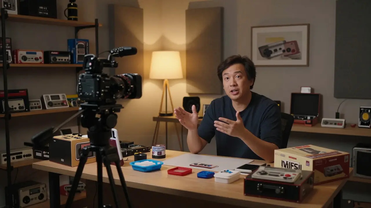 Creator in a home studio surrounded by retro gaming collectibles speaking to camera